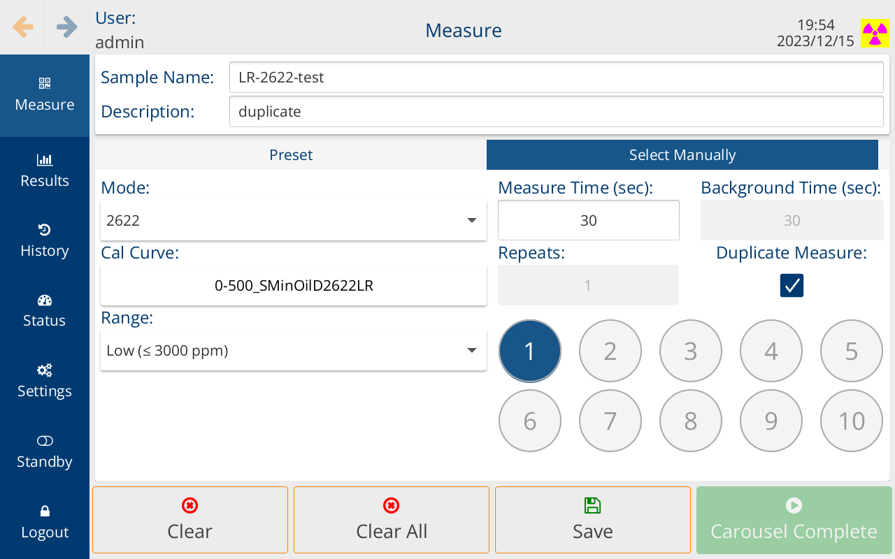 Ecran de mesure de l'analyseur XOS Clora montrant la fonction de duplication avant sauvegarde 